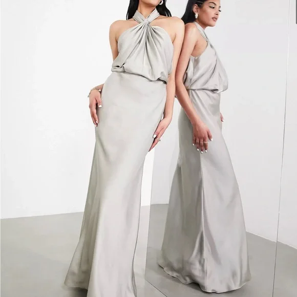 slim fit dress slacks Green Halter Neck Open Back Satin Gown With Slit main image 1